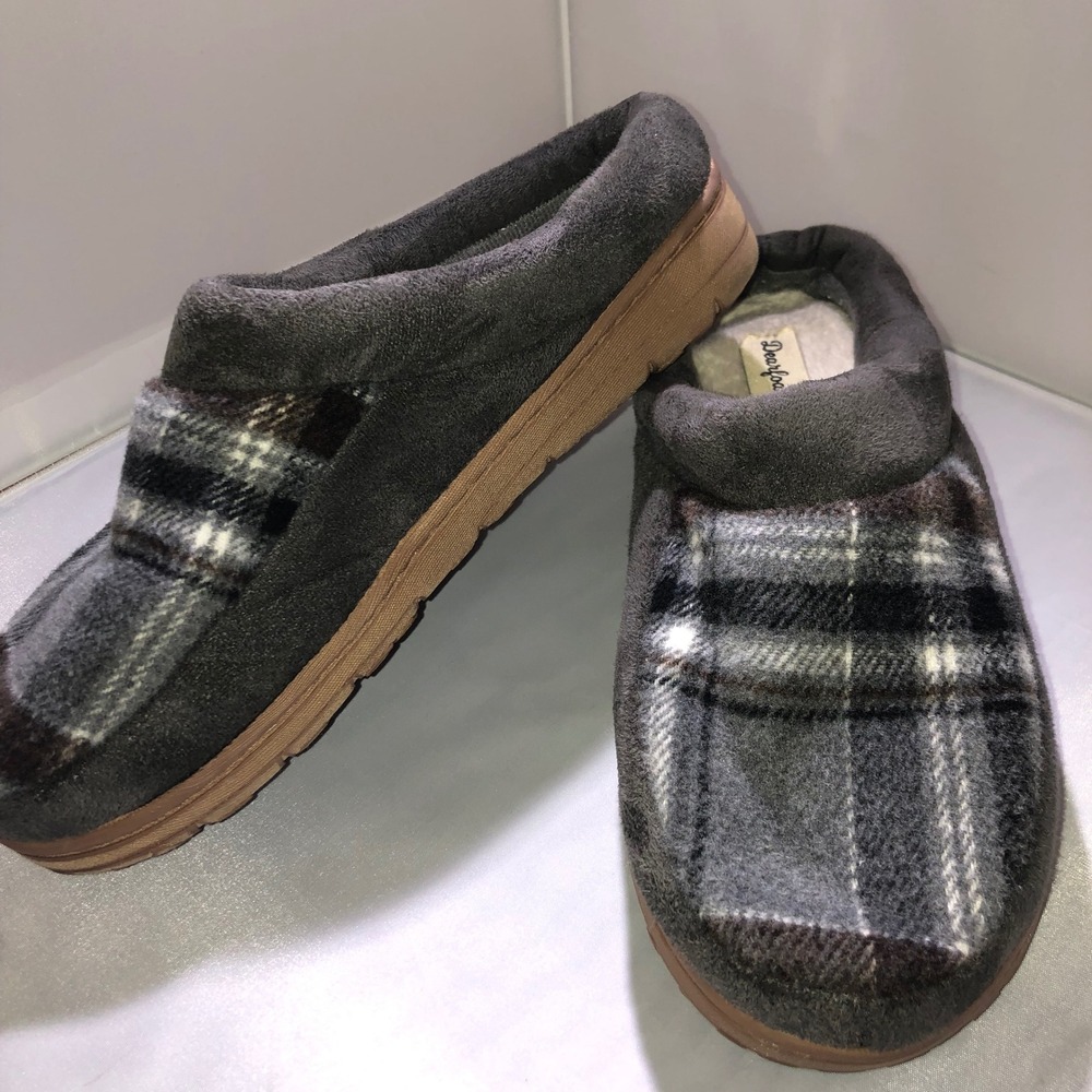 Dearfoams Womens Medium 7-8 Plaid Clog Slippers Grey Faux Fur Indoor Outdoor